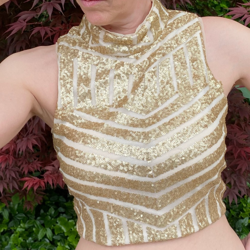 Social Code Gold Shiny Sequined Open Back Crop Top - image 1